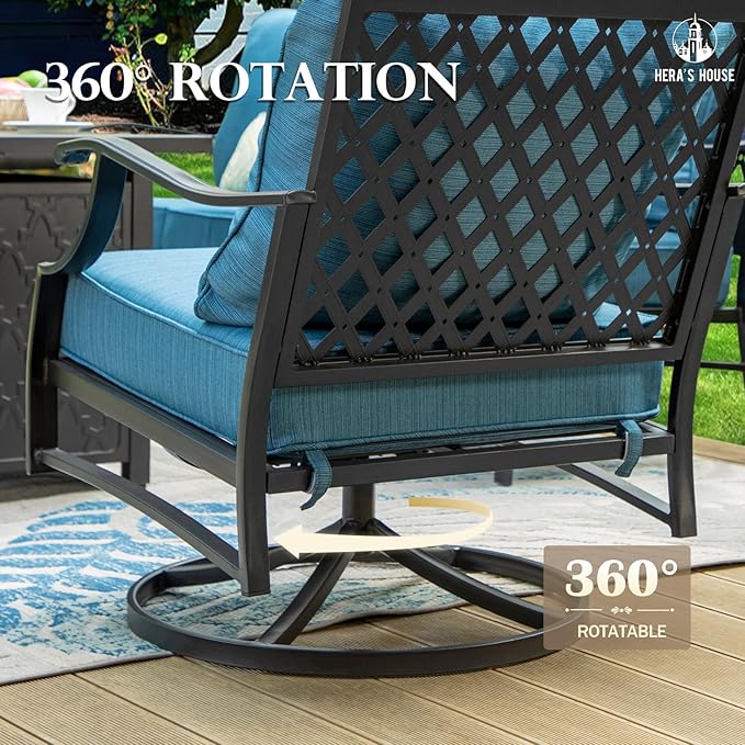 HERA'S HOUSE 4 Piece Patio Furniture Set, 2 x Swivel Cushioned Chair, 3-Seat Sofa with Marbling Coffee Table, All Weather Outdoor Conversation Set for Lawn Garden Backyard, Pacific Blue
