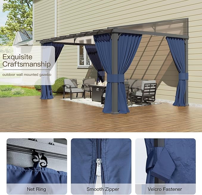 10’ x 28’ Gazebo for Patio,Wall Mounted Gazebo with Sloping Polycarbonate Roof,Aluminum Frame Outdoor pelgole w/Netting & Curtain for Garden,Backyard,Navyblue
