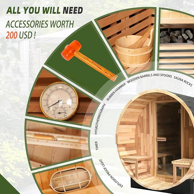 Smartmak Customized Outdoor Wood Barrel Steam Sauna, 2-10 Person Home Traditional Canadian Wooden Spa Room, with DIY Heating Stove, Rocks, Water Bucket, Spoon, Light, for Backyard, Garden, 195 ℉