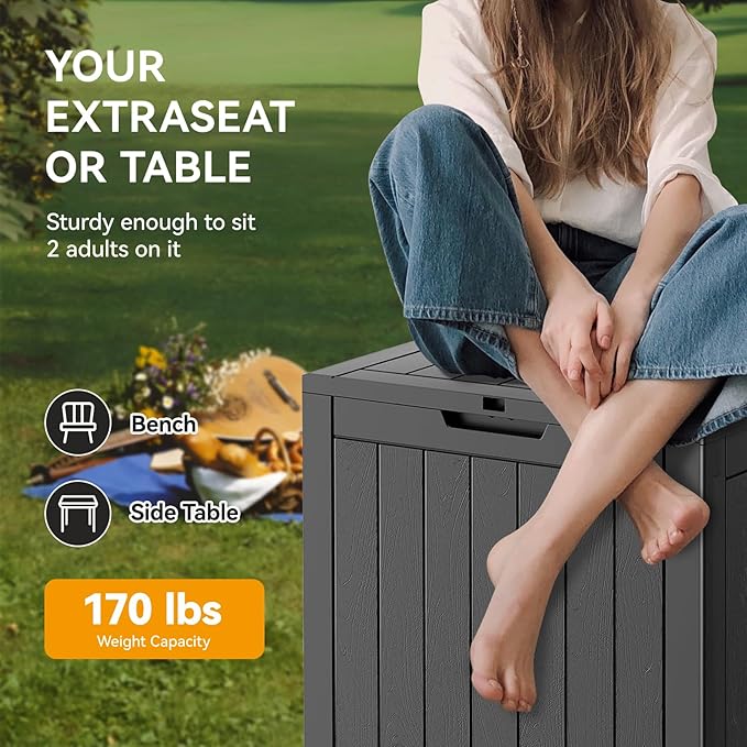NUNU LAB Outdoor Storage Box, 32 Gallon Deck Box Indoor Outdoor Storage Bin, Waterproof Resin Patio Storage Box for Garden Tools, Package Delivery, Pool Accessories Lockable