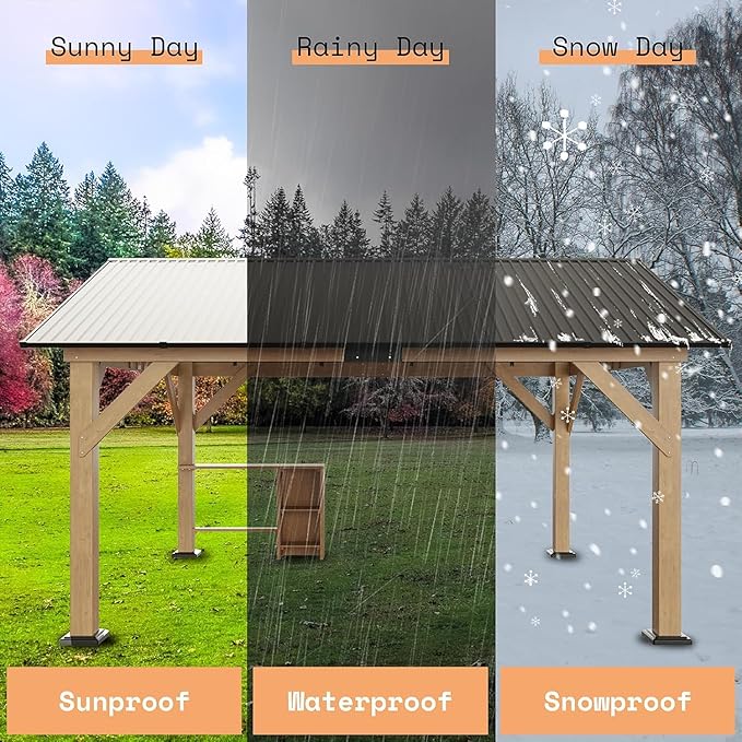 AMERLIFE 13x15 ft Spruce Wood Gazebo, Outdoor Gazebo with Bar Storage, Hardtop Wooden Paviloin with Metal Steel Gable Roof, Patio, Garage, Black + Natural Wood