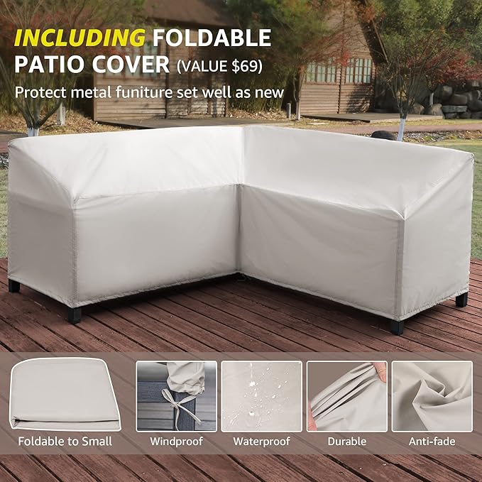 NATURAL EXPRESSIONS 6 Pieces Patio Furniture Sets,Outdoor Furniture Sets Metal Patio L Shape Sectional Couch Sofa Conversation Sets with 6.5" Shale Cushions,HighBack Hand-Brush Black Frame