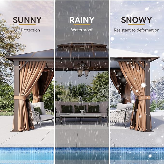Aoxun 10'x13' Hardtop Gazebo, Aluminum Frame Permanent Pavilion with Netting and Curtains, Outdoor Polycarbonate Double Roof Canopy, Designed for Lawn, Garden, Patio (Khaki)