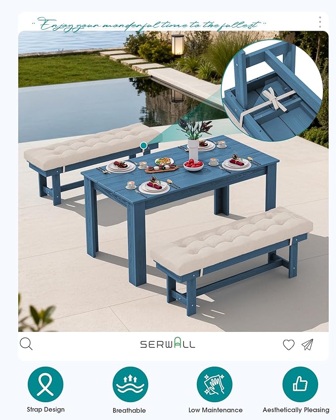 SERWALL Patio Dining Set for 4, Outdoor Dining Sets for 4 Person with 1 Umbrella Hole Cut-Out Rectangular Table and and 2 Benches, HDPE Dining Sets for Garden, Backyard, Poolside, Blue