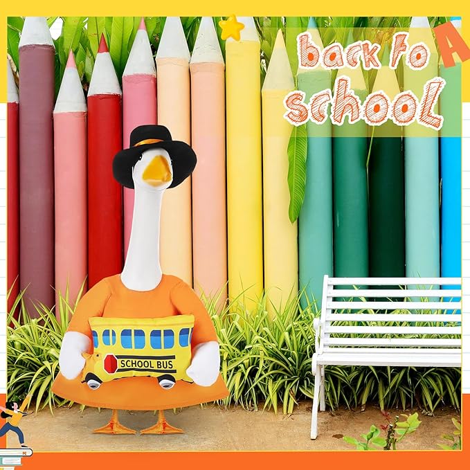 2 Pcs Porch Goose Outfit Halloween Geese Crayon Bus Teacher Cosplay Clothes for 23" Lawn Cement Goose Halloween Garden Patio Yard Outdoor Decorations(School Bus)
