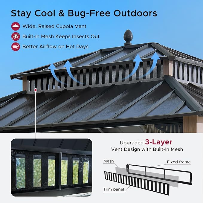 SUNJOY Kingston 12' x 10' Hardtop Gazebo with Galvanized Steel Double Roof, Curtain and Netting, Woodgrain Finish Aluminum Posts Permanent Pavilion Gazebo for Garden, Patio, Deck, Lawn