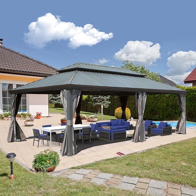 Domi 14'x22' Hardtop Gazebo Canopy,Outdoor Aluminum Gazebo with Galvanized Steel Double Roof, Extra Large Permanent Gazebo Pavilion for Patio Deck Backyard,Curtain and Netting,Grey