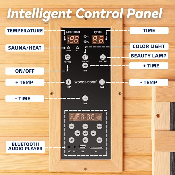 Woodbridge Infrared Home Sauna Room 1 Person Hemlock Wooden Indoor Sauna with 7 Carbon Heaters, Red Light Therapy, Bluetooth Speaker, Intelligent Control Panel, Tempered Glass & Top Vent