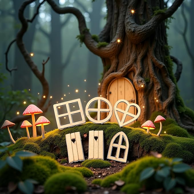 12Pcs Brown Wooden Fairy Garden Door,Blank Doors Fairy House Door and Windows Ornaments Tree Statues for Tree Trunk Yard Decoration Miniature Garden Buildings and Structures