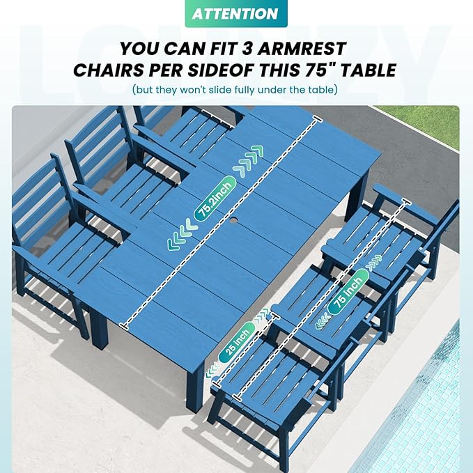 LOUNZY 7-Piece Outdoor Dining Set – 75.2" HDPE Table with 6 Chairs, Hole-Cut Design for Patio, Pool & Yard，Navy Blue