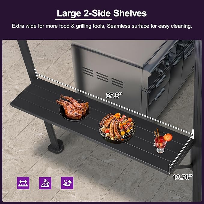PURPLE LEAF 6' X 9' Hardtop Grill Gazebo for Patio Aluminum Barbeque Canopy with 24 Clear Light Bulbs and Shelves Double Tiered Grey Outdoor BBQ Gazebo