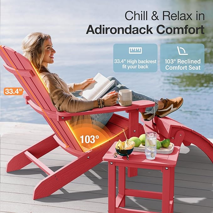 YEFU Adirondack Chairs Set of 2: Plastic Adirondack Chairs - Patio Chairs with Wood Texture - Outdoor Chair HIPS - Lawn Fire Pit Deck Porch Garden Chairs for Adults (Red)