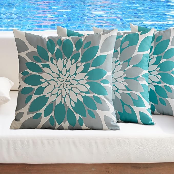 Qahing Pack of 4 Outdoor Waterproof Pillow Covers 18x18 Decorative Outdoor Throw Pillows Garden Square Cushion Cases for Patio Furniture, Couch, Tent Sunbrella, Bench, Teal Turquoise Grey