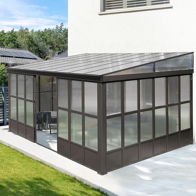 12x16FT Lean to Sunroom, Patio Wall Mounted Solarium All Weather Use, Against The Wall Enclosed Gazebo Small Guest House with Removable Polycarbonate Roof/Windows, 2 Lockable Sliding Doors