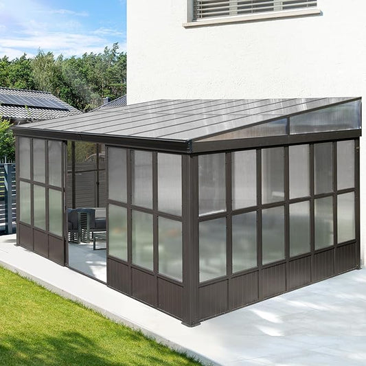 12x16FT Lean to Sunroom, Patio Wall Mounted Solarium All Weather Use, Against The Wall Enclosed Gazebo Small Guest House with Removable Polycarbonate Roof/Windows, 2 Lockable Sliding Doors