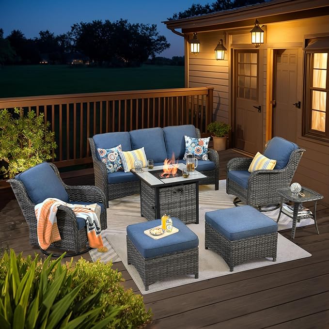 HOOOWOOO Patio Furniture Set,7 Piece Outdoor Furniture Set with Fire Pit Table,Wicker Patio Conversation Couch Swivel Chairs Ottoman Set,Denim Blue