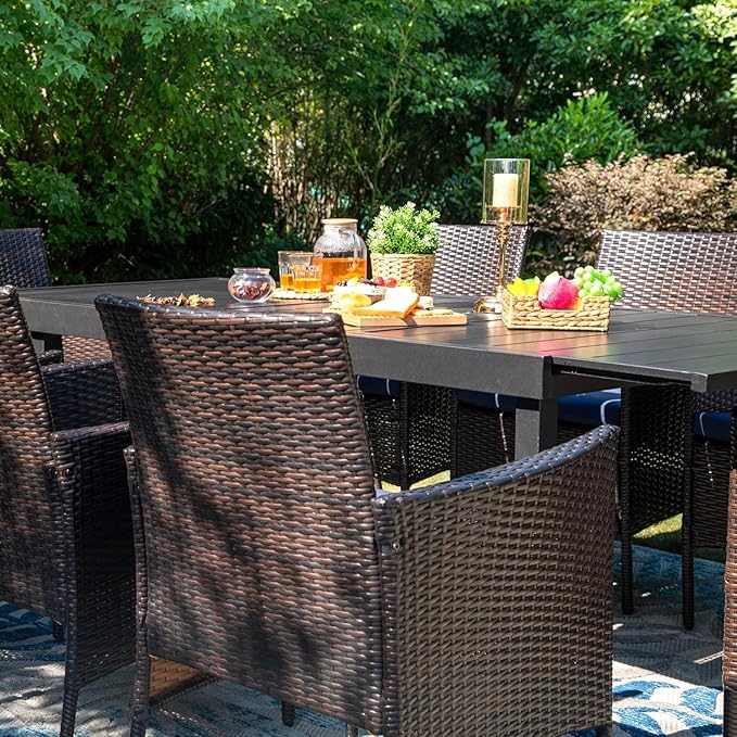 PHI VILLA 7 Pieces Outdoor Dining Set for 6, Expandable Rectangular Metal Table & Wicker Chairs with Cushions, Large Furniture Set for Patio, Deck, Yard, Porch
