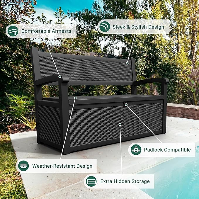 LHBcraft 70 Gallon Lockable Outdoor Storage Bench Waterproof, Deck Box Bench for Patio, Porch, Garden, Poolside, Stores Tools & Pool Supplies, Heavy-Duty Outdoor Bench with Storage, Black