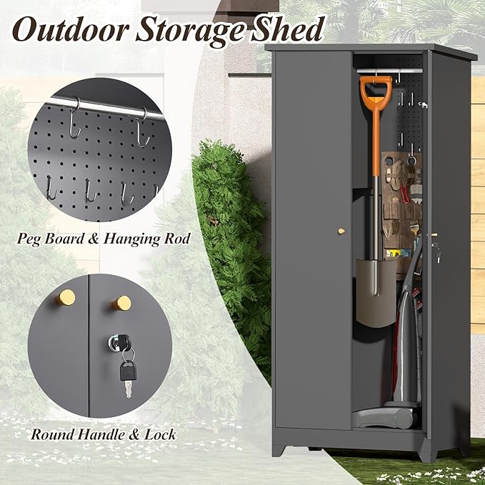 GREATMEET 72.8" Outdoor Broom Storage Cabinet, Waterproof Outdoor Narrow Storage Shed, Metal Storage Cabinets for Cleaning Supplies with Slanted Roof, Utility Closet, Broom Mop Storage Cabinet, Grey