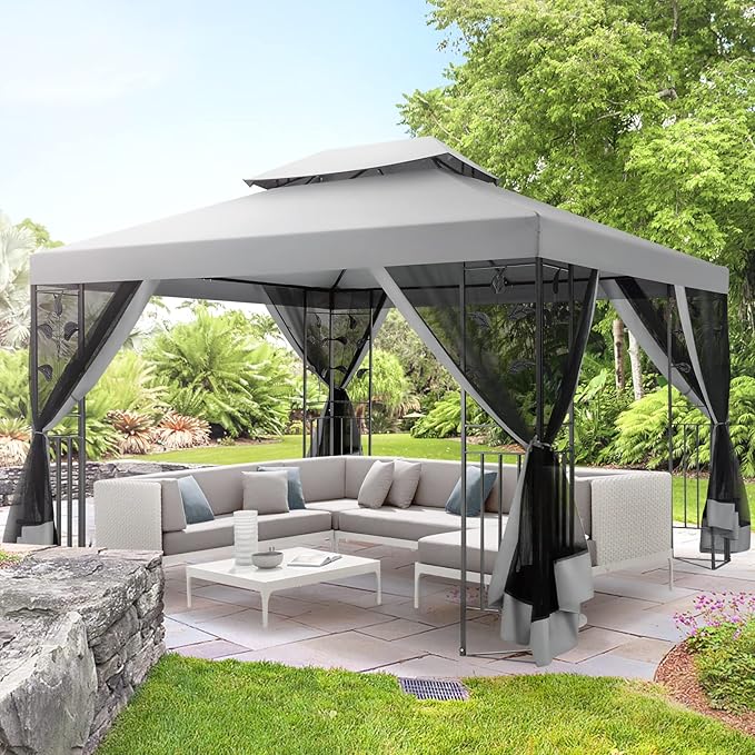 COBIZI Gazebo 10x13 Heavy Duty Gazebos with Improved Nettings Outdoor Gazebo Double Roof Patio Gazebos with Metal Steel Frame Outdoor Canopy for Patio,Garden, Backyard (Gray)