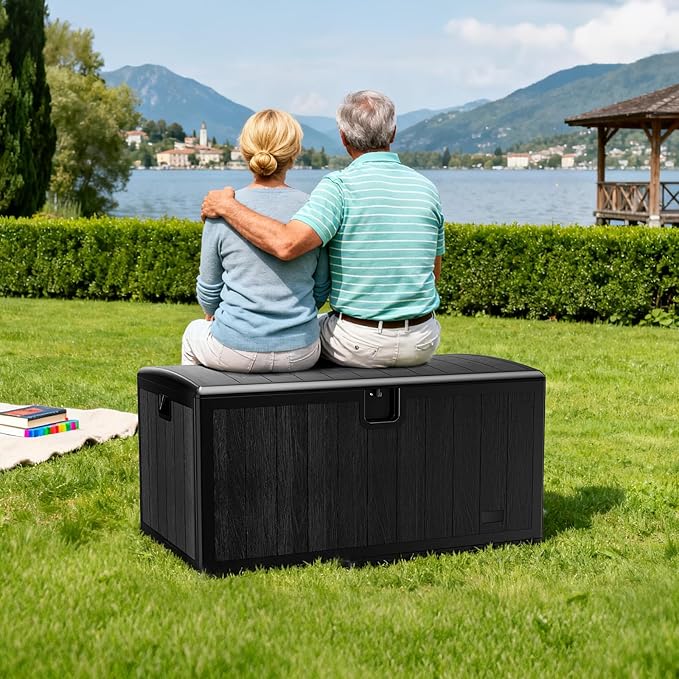 JEKO&JEKO 75 Gallon Outdoor Storage Box – Large Plastic Deck Box with Lockable Lid for Patio Furniture, Garden Supplies, and Shoes, Black