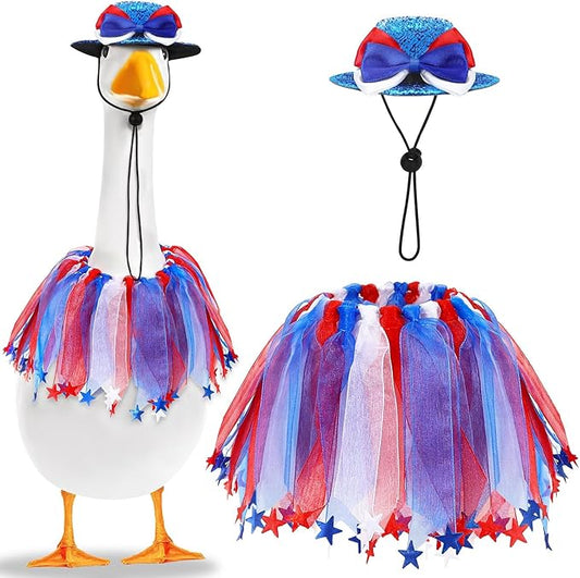 Independence Day Goose Outfit, 2 Pcs Set Hat and Tulle Ballet Skirt for 23" 17" Cement Statue Lawn Goose Clothes Costumes 4th of July Goose Outfit for Party Outdoor Patio Yard Lawn Decor