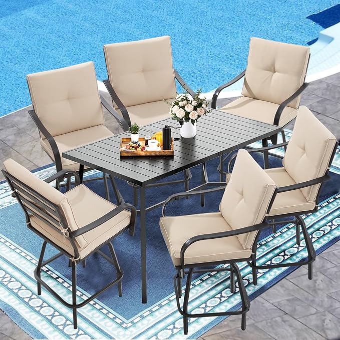 Patio Swivel Bar Stools, Outdoor High Back Swivel Bar Chair Set of 6 with Cushion & All Weather Steel Frame for Backyard, Lawn, Poolside and Balcony, Beige