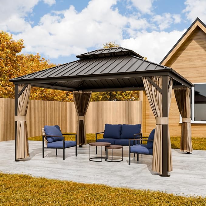 COOS BAY 12x14 Hardtop Gazebo with Aluminum Frame, Galvanized Steel Double Roof Outdoor Pavilion with Netting and Curtains, Dark Brown/Tan