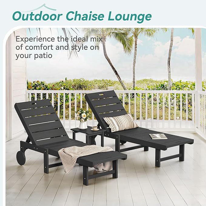 Outdoor Chaise Lounge Chairs, 26.8” Super Wide Lounge Chair Outdoor, HDPS Pool Chairs with 5 Positions, Patio Lounge Chair with Wheels for Pool,Lawn,Backyard, Black