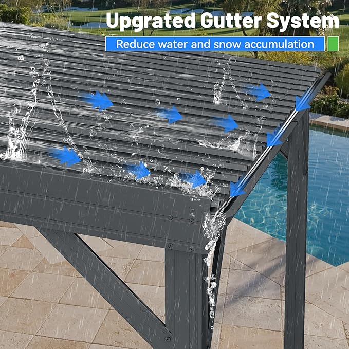 8x8FT Lean to Gazebo, Outdoor Hardtop Wall Mounted Gazebo with Gutter & Sloping Galvanized Steel Roof, Metal Hard Top Awnings for Deck, Porch, Backyard