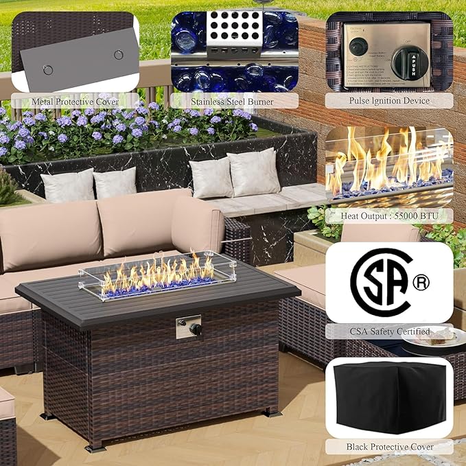 Outdoor Patio Furniture Set with Propane Fire Pit Table, 8 Pieces Outdoor Furniture Patio Sectional Sofa Conversation Set w/ETL Approved 43" Gas Outdoor Fire Table & Coffee Table Brown