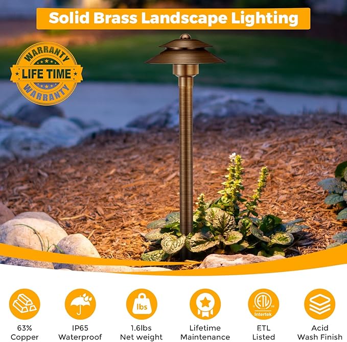 Gardencoin Solid Brass Low Voltage Landscape Pathway Lights (6'' Shade 2-Tier, 19'' Tall), 12V AC/DC LED Heavy Duty Path Lighting Outdoor Wired, Waterproof Bronze Walkway Light Without G4 Bulb, 4 Pack
