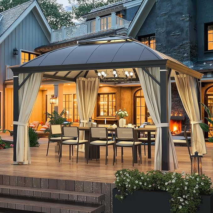 YOLENY 12'x12' Hardtop Gazebo, Permanent Outdoor Aluminum Patio Gazebo with Aluminum Composite Double Arc Roof for Patio Lawn and Garden, Curtains and Netting Included