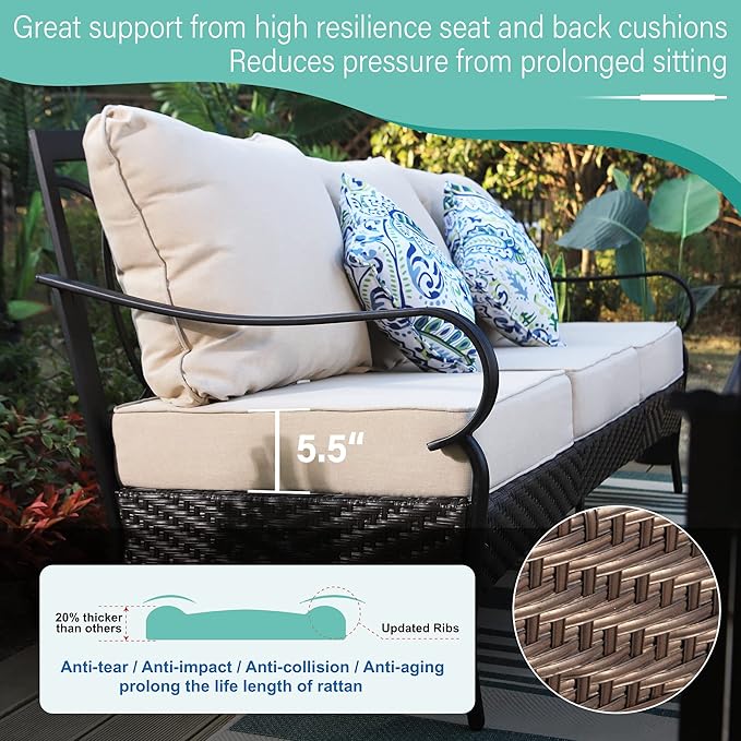 MFSTUDIO Outdoor Patio Furniture Set, 5 PCS Metal Patio Conversation Sets for 7, Modern Patio Sectional Set with High Back 3-Seat Sofa, Loveseat, 2 Fixed Sofa Chairs, 1 Coffee Table