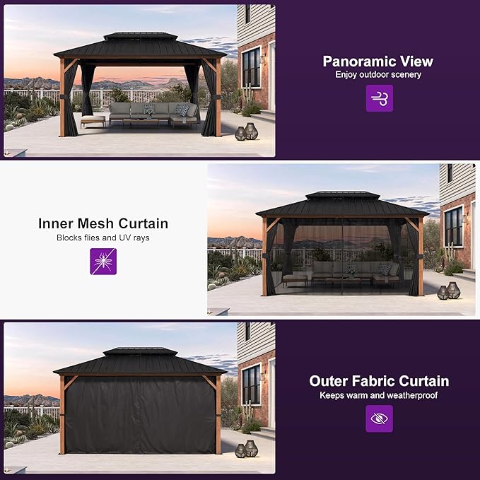 PURPLE LEAF 10' X 14' Hardtop Gazebo Outdoor Wood Grain Aluminum Frame Galvanized Steel Double Roof Gazebos with String Lights for Patio Deck Backyard Garden