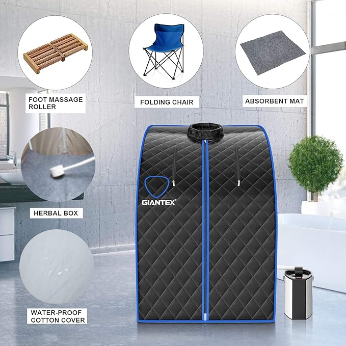 Giantex Portable Steam Sauna, Personal Therapeutic Sauna for Detox, Temperature & Timer Adjustable, 800W Sauna Box Spa w/Chair, 3L Steamer,Massage Roller,Mat,Remote Control, Home Sauna Tent (Black)