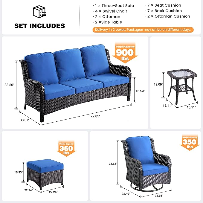 ovios 9 Pieces Patio Furniture Set, Outdoor Wicker Sofa Couch with Swivel Chairs Ottomans Comfy Cushions, High Back All Weather Modern Conversation Sets, Brown Rattan, Navy Blue