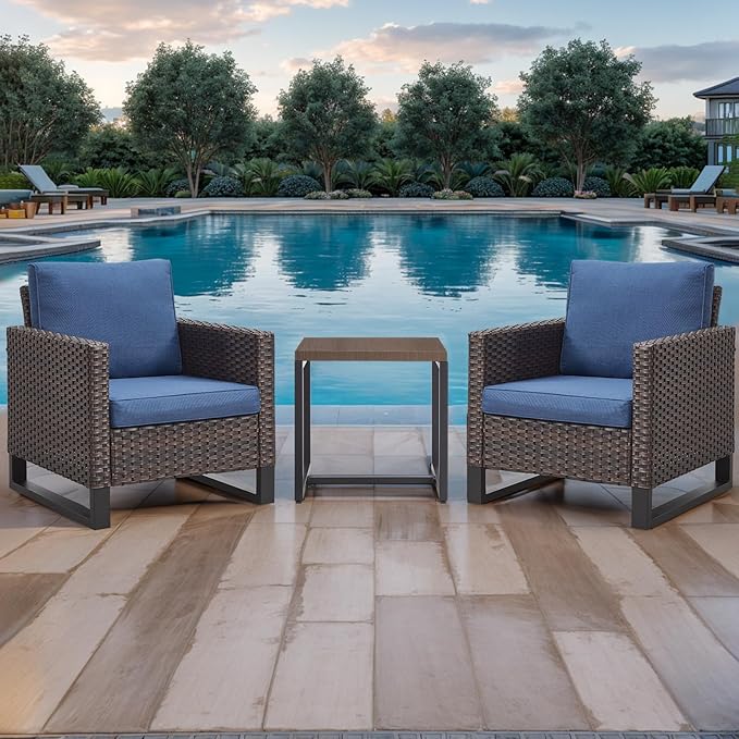 Rilyson Wicker Outdoor Patio Chairs Set - 3 Piece Rattan Patio Furniture Bistro Chairs Set with Waterproof Wicker,Comfortable Cushions and Sturdy Metal Frame for Porch Deck Backyard(Brown/Blue)