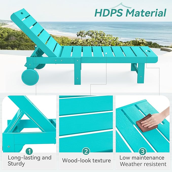 Outdoor Chaise Lounge Chairs with Table, 2-Piece, 26.8” Super Wide Lounge Chair Outdoor, HDPS Pool Chairs with 5 Positions, Patio Lounge Chair with Wheels for Pool,Lawn,Backyard, Aruba Blue