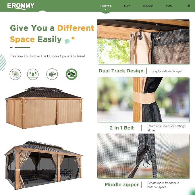 EROMMY 12'x20' Gazebo, Galvanized Steel Double Roof with Wood Grain Aluminum Frame, Outdoor Permanent Metal Pavilion with Curtains and Nettings for Patio, Backyard and Deck