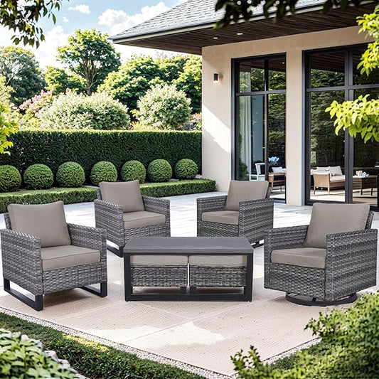 Wicker Furniture Set: 7 Piece Outdoor Furniture Set with 2 Swivel Chairs, 2 Club Chairs, Coffee Table and 2 Ottomans - Grey/Grey