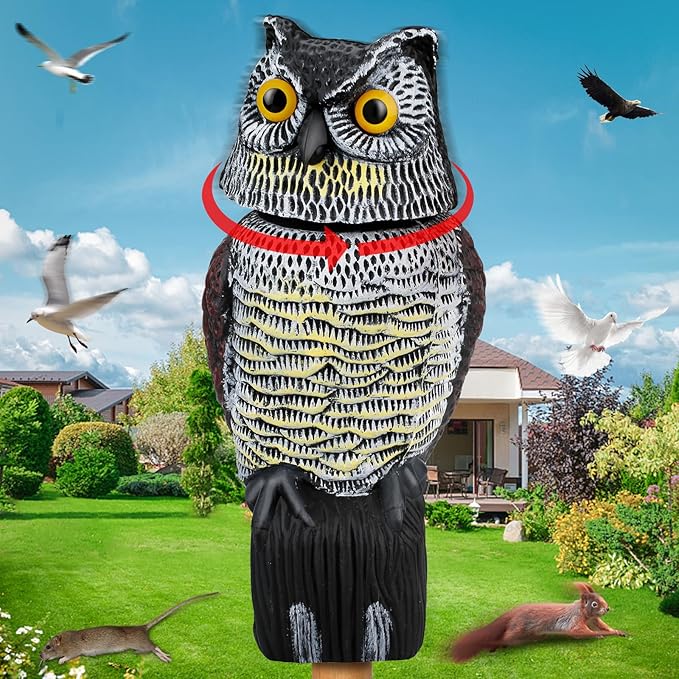 Owl Decoys to Scare Birds Squirrels Away, Rotatable Head Plastic Bird Deterrent, Waterproof Garden Owls Statue for Patio Yard Farm Protection Against Birds, Squirrels, Rabbits, Raccoons