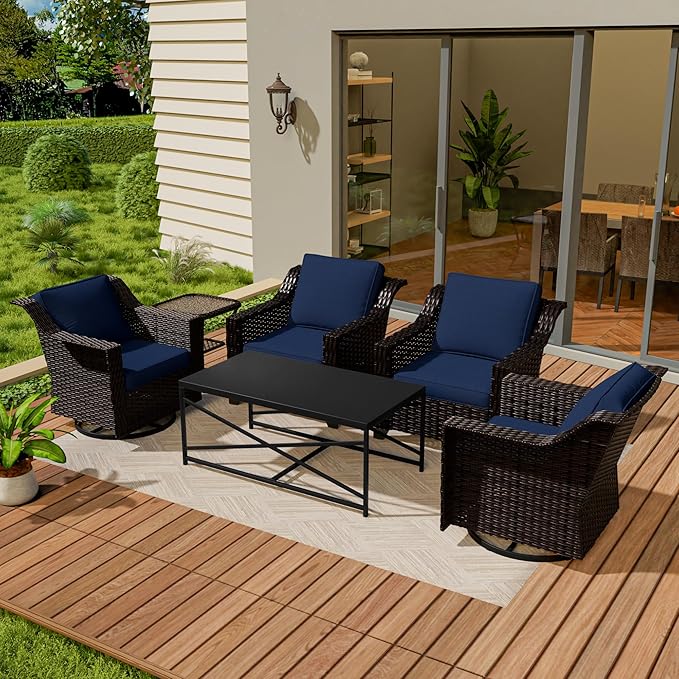Vista Vibe 6 Pieces Outdoor Rattan Patio Conversation Furniture Set - 360 Degree Swivel Glider Rocker Chairs | Coffee Table | 2 Wicker Chairs, Washable Cushions, Terrace, Sunroom (Brown/Navy)