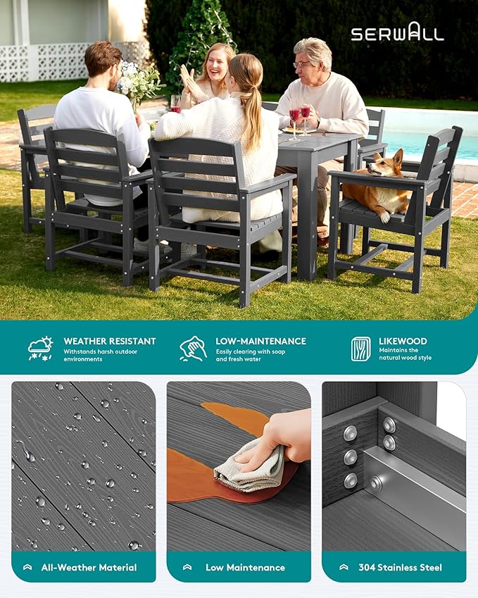 SERWALL Patio Dining Sets for 8, Outdoor Dining Sets for 8 Person with 2 Umbrella Hole Cut-Out Rectangular Tables and 8 Chairs, HDPE Dining Sets for Garden, Backyard, Poolside, Gray