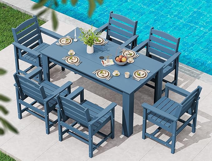 SERWALL Patio Dining Set for 6, Outdoor Dining Sets for 6 Person with 1 Umbrella Hole Cut-Out Rectangular Table and 6 Chairs, HDPE Dining Sets for Garden, Backyard, Poolside, Blue