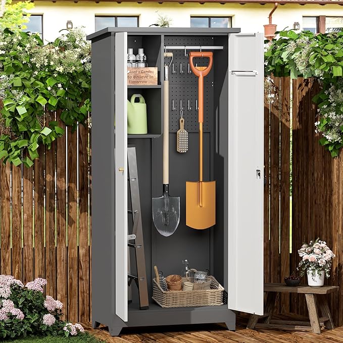 GREATMEET 72.8" Outdoor Broom Storage Cabinet, Waterproof Outdoor Shed, Metal Storage Cabinets for Cleaning Supplies with Slanted Roof, Utility Closet, Broom Mop Cabinet, Grey&White
