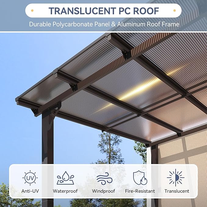 10x14FT Lean to Gazebo, Hardtop Metal Pergola with Polycarbonate Roof, Large Wall Mounted Heavy Duty Awnings, Patio Canopy for Backyard, Deck, Porch