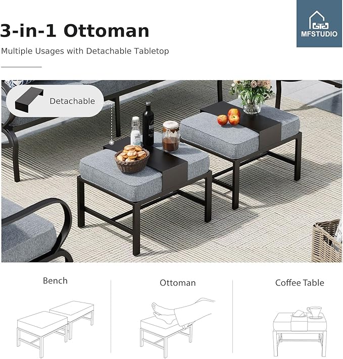 MFSTUDIO 5 Pieces Patio Conversation Sets,Outdoor Metal Furniture Sofas with 1 x 3-Seat Sofa, 2 x Swivel Chairs,2 x Ottoman,Wrought Iron Frame with Grey Cushion for Patio Courtyard Balcony
