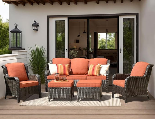 HOOOWOOO Patio Furniture Set,5 Piece Outdoor Furniture Set,Wicker Patio Conversation Couch Chairs Ottoman Set,Orange Red