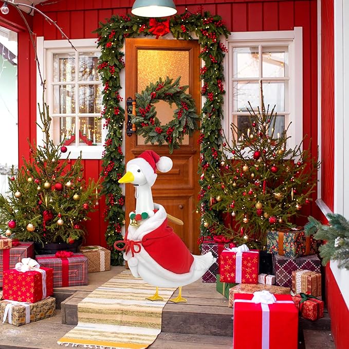 Christmas Porch Goose Outfits Mrs. Claus Goose Clothes Fits 23" Plastic Cement Statues, Red Cloak Goose Outfit Costume with Bell Necklace and Hat for Outdoor Garden Patio Yard Lawn Party Decoration